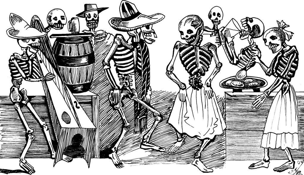 Gran Jolgorio y Francachela de todas las Calaveras: a Mexican Day of the Dead print of dancing skeletons in sombreros and dresses celebrating around a barrel