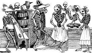 Gran Jolgorio y Francachela de todas las Calaveras: a Mexican Day of the Dead print of dancing skeletons in sombreros and dresses celebrating around a barrel